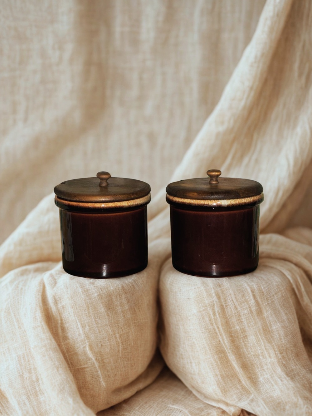 Vintage Brown Drip Glaze Pottery Jelly or Condiment Jars Wooden Lid & Spreaders